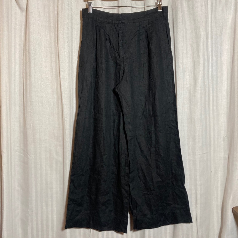 Magaschoni Black 100% Linen Wide Leg Pants High Rise Pleats L Coastal Minimalist